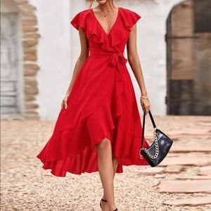 Red ruffle hem belted midi dress